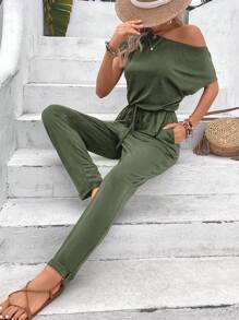 SHEIN LUNE 素色前打結斜口袋不對稱領T恤連體褲 - 軍綠色 - 查看 3