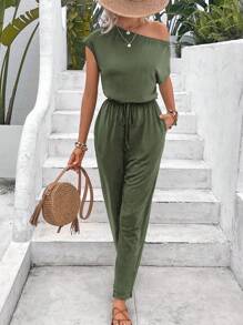 SHEIN LUNE 素色前打結斜口袋不對稱領T恤連體褲 - 軍綠色 - 查看 4