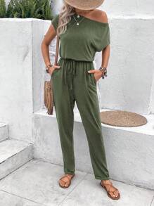 SHEIN LUNE 素色前打結斜口袋不對稱領T恤連體褲 - 軍綠色 - 查看 6