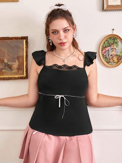 Fairycore Plus Contrast Lace Ruffle Trim Top