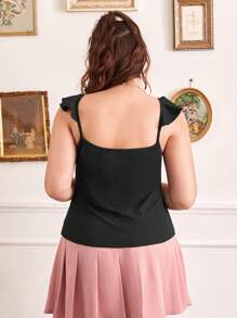 ROMWE Fairycore Plus Contrast Lace Ruffle Trim Top - Black - View 3