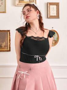 ROMWE Fairycore Plus Contrast Lace Ruffle Trim Top - Black - View 6