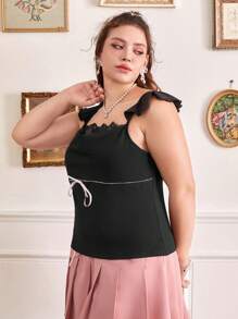 ROMWE Fairycore Plus Contrast Lace Ruffle Trim Top - Black - View 4