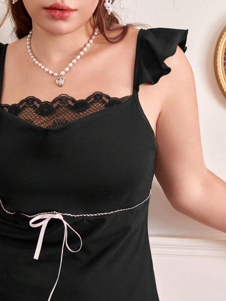 Plus Contrast Lace Ruffle Trim Top