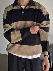DAZY Men Color Block Polo Neck Drop Shoulder Fall Sweater - Multicolor - View 1