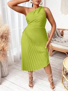 SHEIN SXY Hơn Một bờ vai Viền xếp Đầm - màu xanh lá - Xem 1