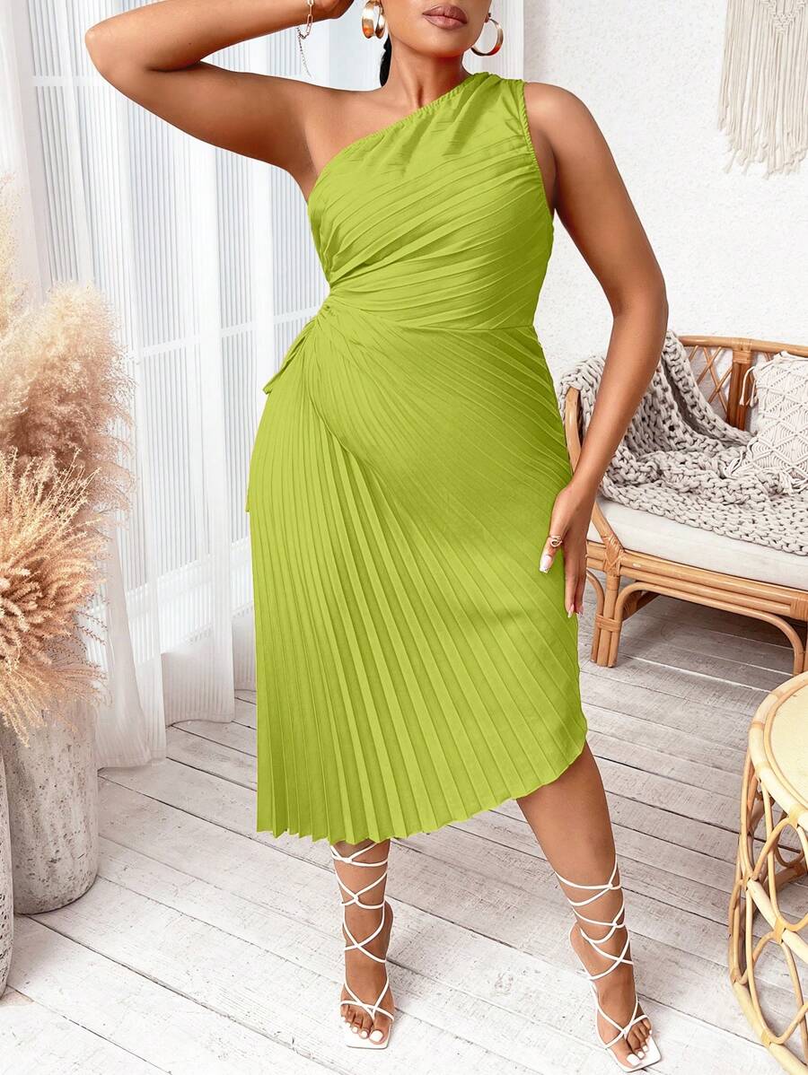 SHEIN SXY Hơn Một bờ vai Viền xếp Đầm - màu xanh lá - Xem 1