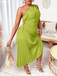 SHEIN SXY Hơn Một bờ vai Viền xếp Đầm - màu xanh lá - Xem 5