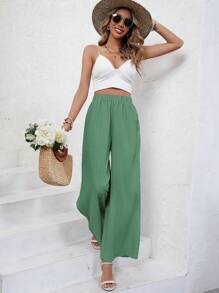 SHEIN Frenchy 素色闊腿褲 - 墨綠色 - 查看 1