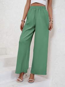 SHEIN Frenchy 素色闊腿褲 - 墨綠色 - 查看 5