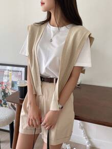 DAZY Business Casual Style Solid Color Knit Shawl Collar Layering Top - Apricot - View 5