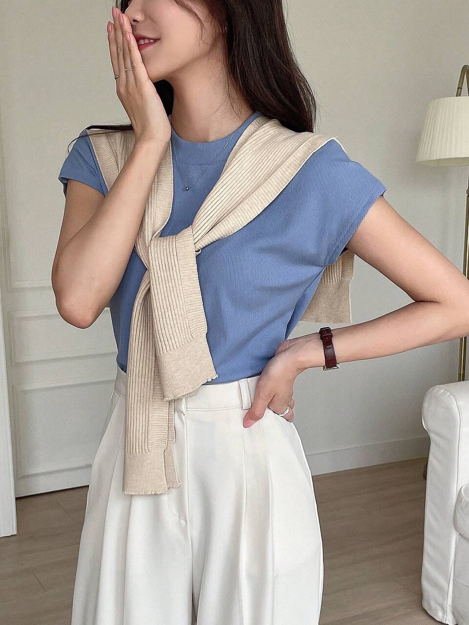 Business Casual Style Solid Color Knit Shawl Collar Layering Top