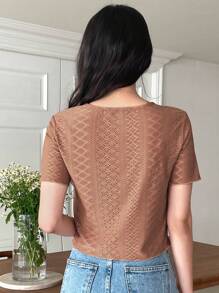 DAZY Camiseta Sólida Con Bordado De Ojales - Marrón - Ver 2