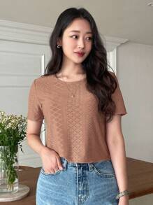 DAZY Camiseta Sólida Con Bordado De Ojales - Marrón - Ver 3