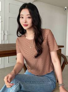 DAZY Camiseta Sólida Con Bordado De Ojales - Marrón - Ver 4