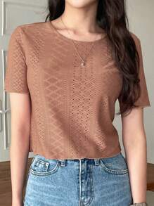 DAZY Camiseta Sólida Con Bordado De Ojales - Marrón - Ver 5