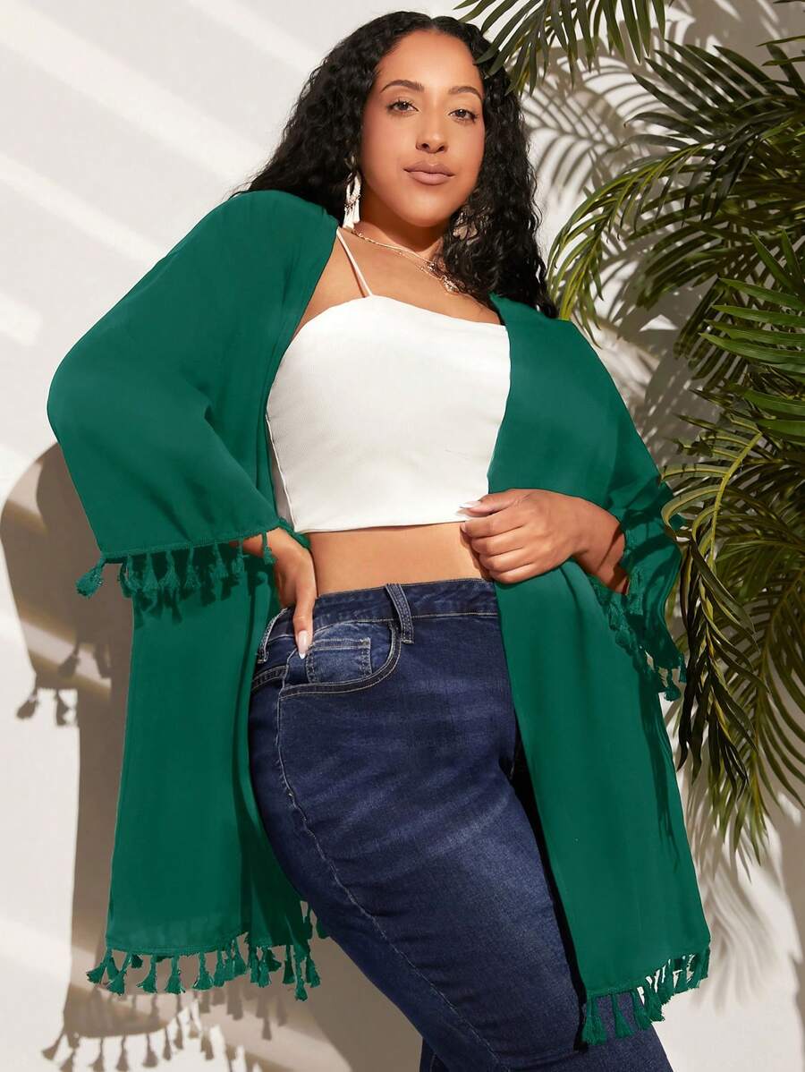 SHEIN CURVE+ Hơn Trang chí tua cờ Mở Mặt trước Kimono - Màu xanh lá cây đậm - Xem 1