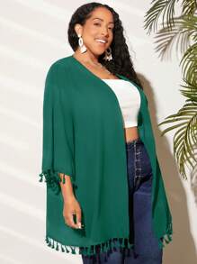 SHEIN CURVE+ Hơn Trang chí tua cờ Mở Mặt trước Kimono - Màu xanh lá cây đậm - Xem 4