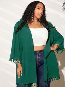 SHEIN CURVE+ Hơn Trang chí tua cờ Mở Mặt trước Kimono - Màu xanh lá cây đậm - Xem 6