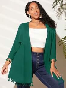 SHEIN CURVE+ Hơn Trang chí tua cờ Mở Mặt trước Kimono - Màu xanh lá cây đậm - Xem 7