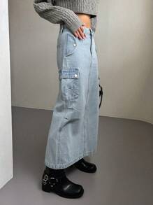 DAZY 側翻蓋口袋工裝牛仔半身裙 - 淺色水洗藍 - 查看 1