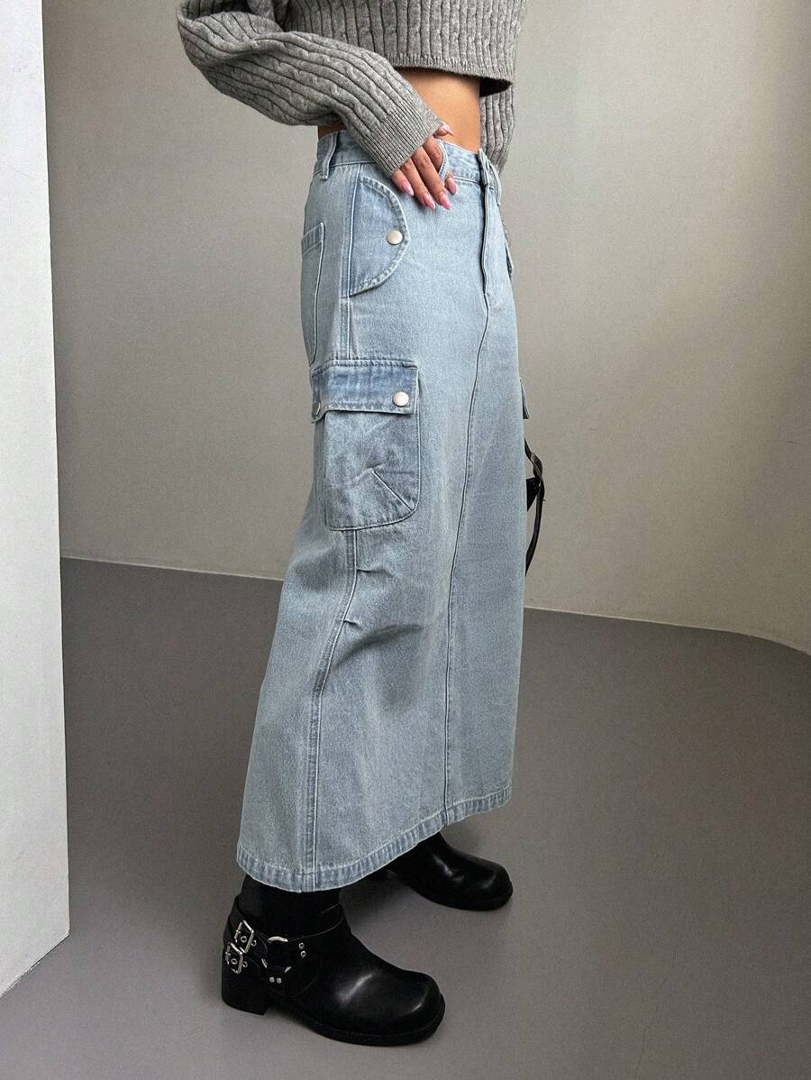 DAZY 側翻蓋口袋工裝牛仔半身裙 - 淺色水洗藍 - 查看 1