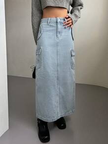 DAZY 側翻蓋口袋工裝牛仔半身裙 - 淺色水洗藍 - 查看 2