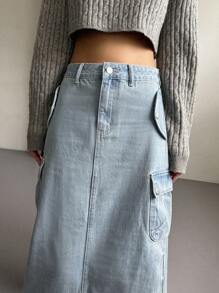 DAZY 側翻蓋口袋工裝牛仔半身裙 - 淺色水洗藍 - 查看 3