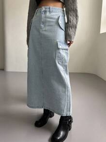 DAZY 側翻蓋口袋工裝牛仔半身裙 - 淺色水洗藍 - 查看 5