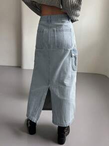 DAZY 側翻蓋口袋工裝牛仔半身裙 - 淺色水洗藍 - 查看 6