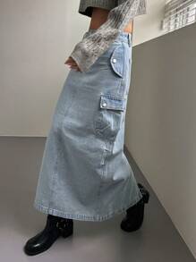 DAZY 側翻蓋口袋工裝牛仔半身裙 - 淺色水洗藍 - 查看 7