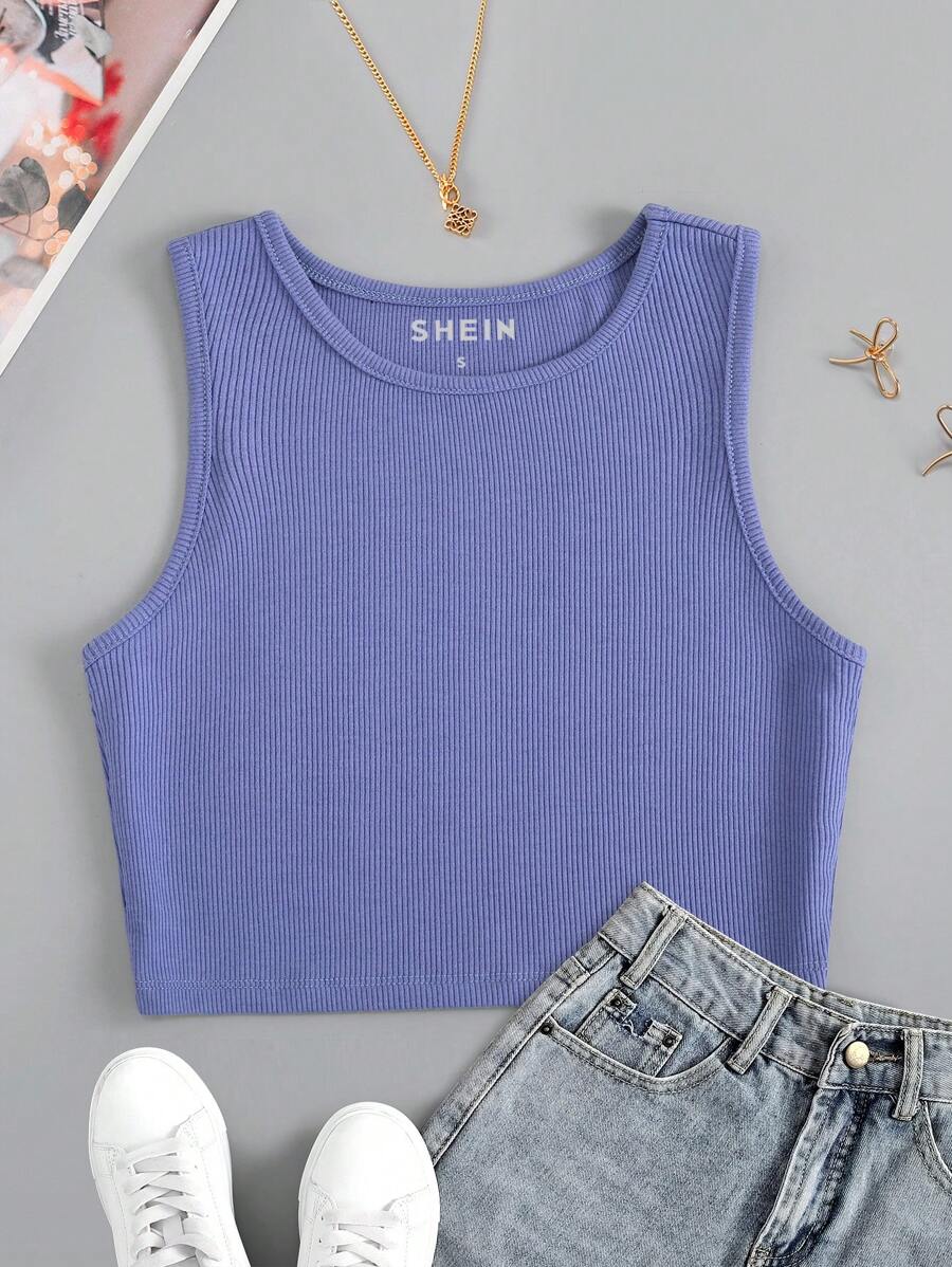 INAWLY 素色條紋針織背心上衣 - 紫色 - 查看 1