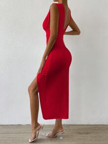 Chiquease Plunging Neck Split Thigh Ruched Bustier Dress - Red - View 2