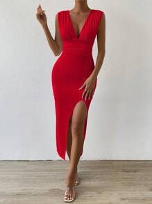Chiquease Plunging Neck Split Thigh Ruched Bustier Dress - Red - View 3
