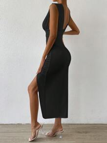 Chiquease Vestido de cuello profundo de muslo con abertura fruncido - Negro - Ver 2