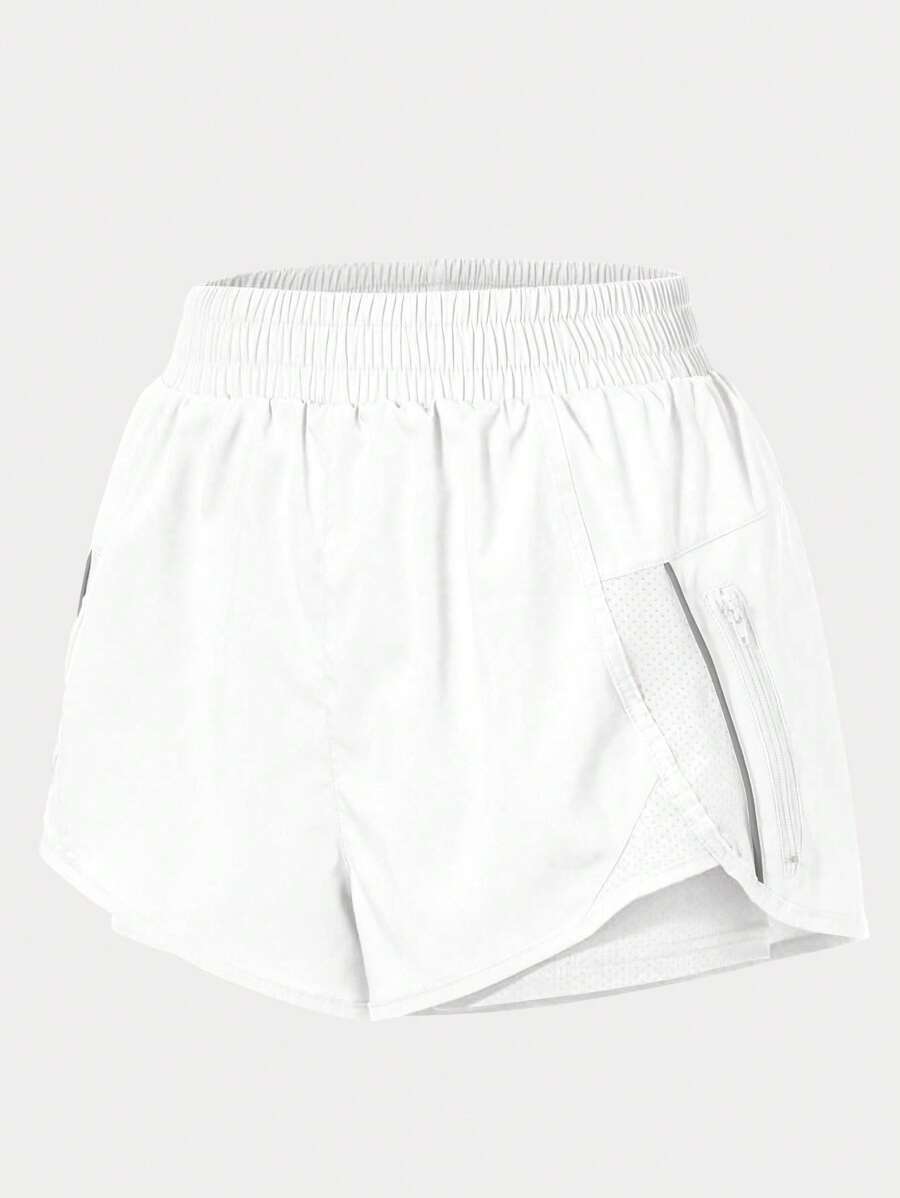 Eassivo Eassivo 拉链口袋松紧腰运动短裤女士运动短裤、健身短裤、骑行短裤 - 白色 - 查看 1