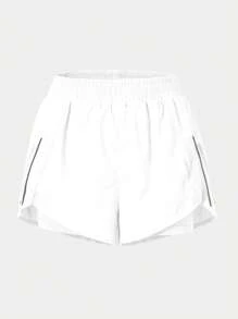 Eassivo Eassivo 拉链口袋松紧腰运动短裤女士运动短裤、健身短裤、骑行短裤 - 白色 - 查看 3