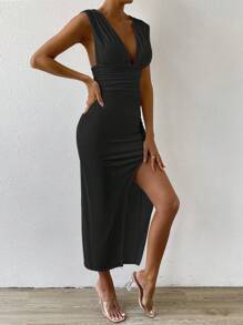 Chiquease Vestido de cuello profundo de muslo con abertura fruncido - Negro - Ver 4