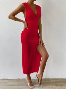 Chiquease Plunging Neck Split Thigh Ruched Bustier Dress - Red - View 5