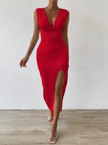 Chiquease Plunging Neck Split Thigh Ruched Bustier Dress - Red - View 6