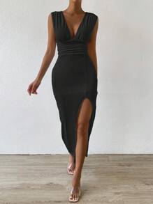 Chiquease Vestido de cuello profundo de muslo con abertura fruncido - Negro - Ver 5