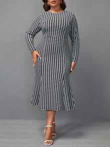 SHEIN Clasi 大碼千鳥格印花魚尾裙下擺洋裝 - 黑與白 - 查看 5