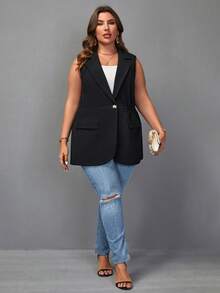 SHEIN Clasi Plus 1pc Lapel Neck Single Button Vest Blazer - Black - View 3