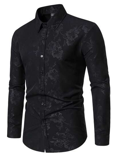 Manfinity AFTRDRK Men Floral Jacquard Button Up Slim Fit Long Sleeve Graphic Shirt For Husband, Fall
