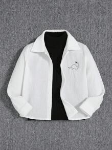 SHEIN 男童休閒寬鬆恐龍印花翻領鈕扣襯衫，不含毛衣，適合秋冬 - 白色 - 查看 1