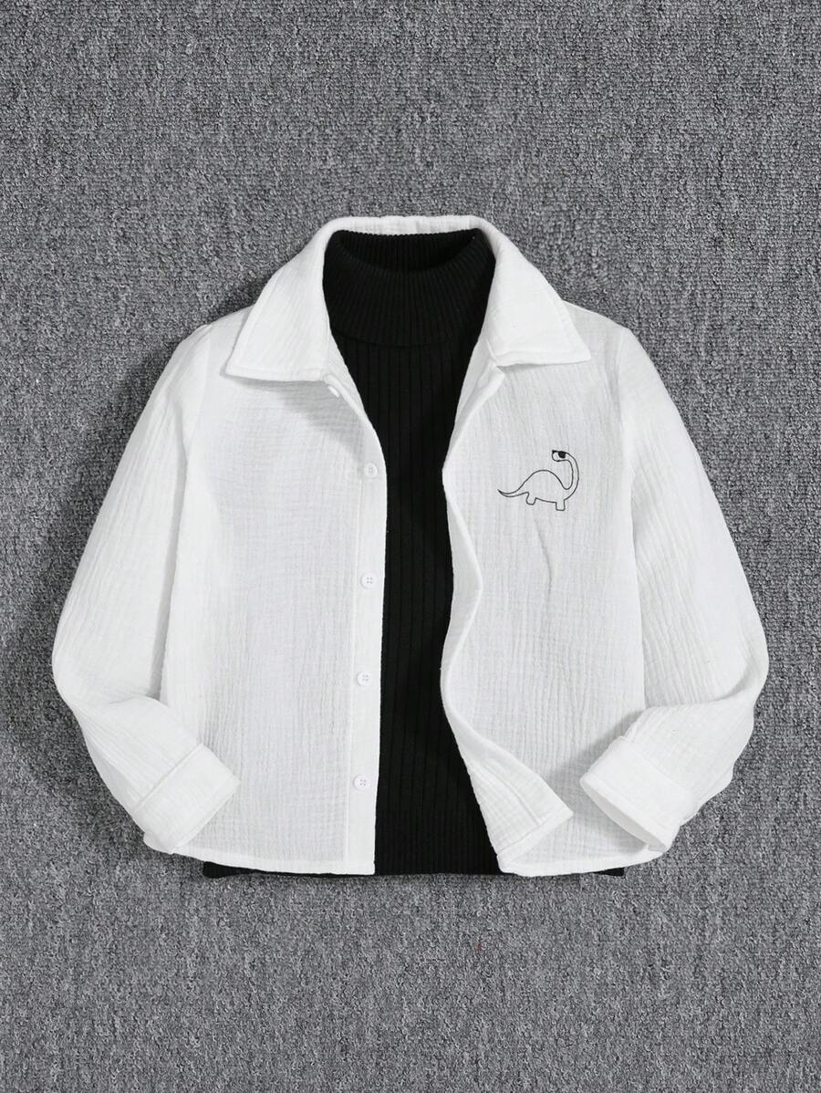 SHEIN 男童休閒寬鬆恐龍印花翻領鈕扣襯衫，不含毛衣，適合秋冬 - 白色 - 查看 1