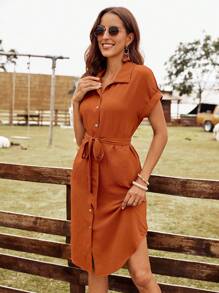 EMERY ROSE Solid Belted Shirt Dress - Rust Brown - View 6