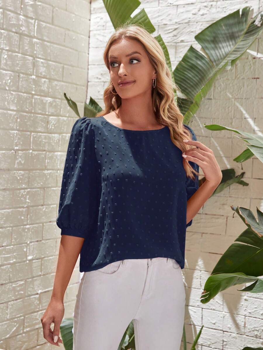 EMERY ROSE Swiss Dot Puff Sleeve Blouse - Navy Blue - View 1