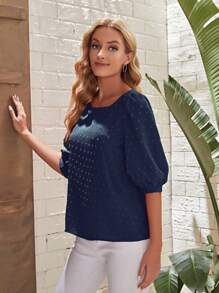 EMERY ROSE Swiss Dot Puff Sleeve Blouse - Navy Blue - View 5