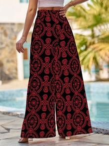 SHEIN VCAY 滿版印花闊腿褲 - 黑色 - 查看 2